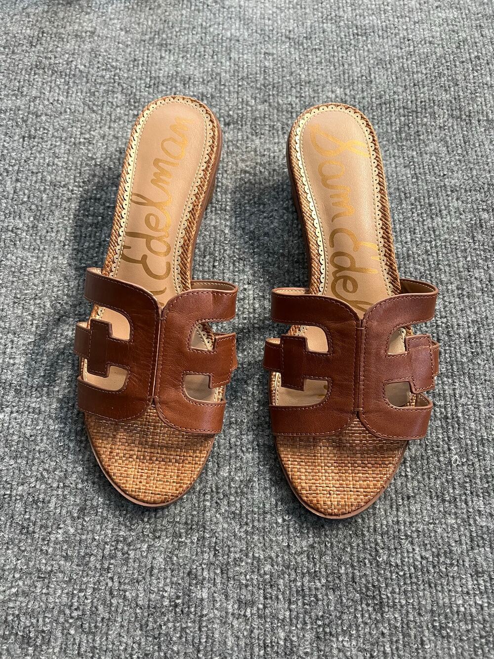 Sam Edelman Leather Slide Bourbon Leather Brown Block Heel Women's Size 8.5